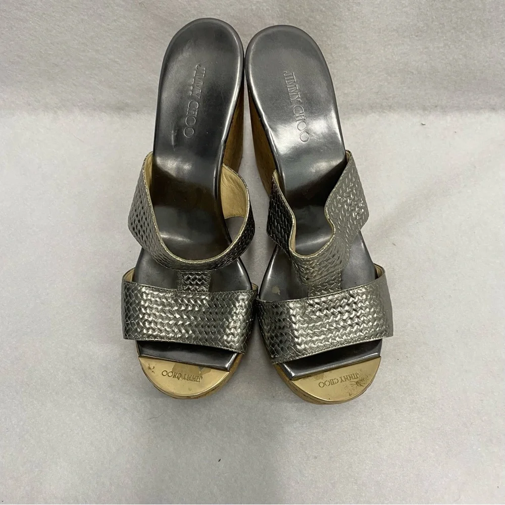 Jimmy Choo Silver Cork Wedge Heels 37.5 - Picture 2 of 10